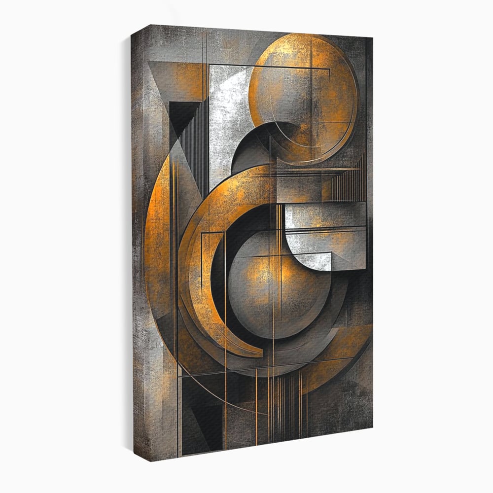 Tablou canvas cu tablou canvas geometric cu cercuri aurii si gri, fara rama, pe sasiu de lemn